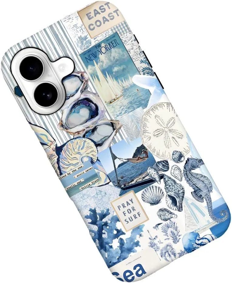 Case Compatible with iPhone 17,Fall Prevention Hybrid 2-Layer Hard Shell Phone Cover for Girls Boys,Seashell Ocean Blue Retro Collage