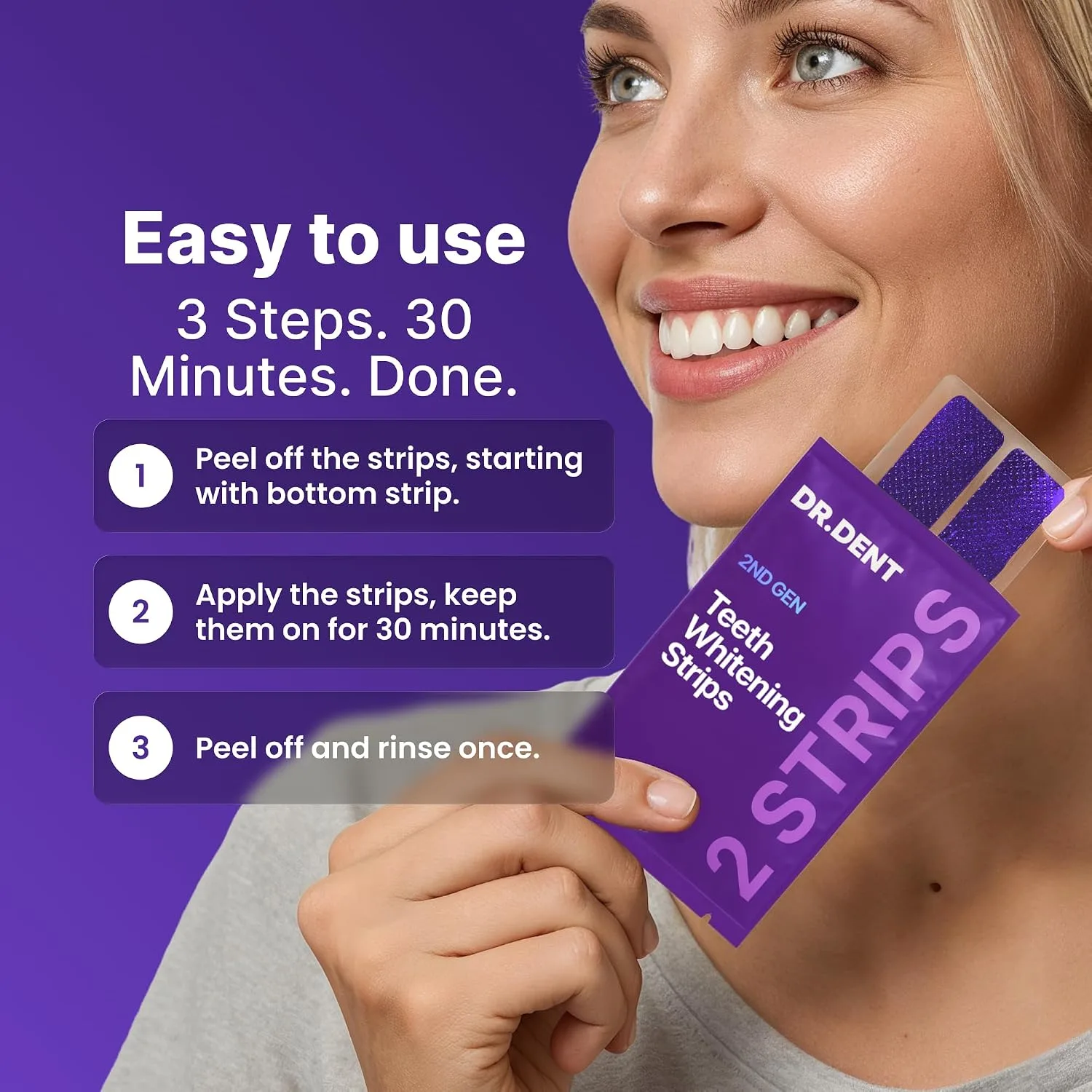 DRDENT Purple Teeth Whitening Strips - 42 Strips (21 Treatments) - Peroxide Free Pap Whitening - Color Correcting Purple