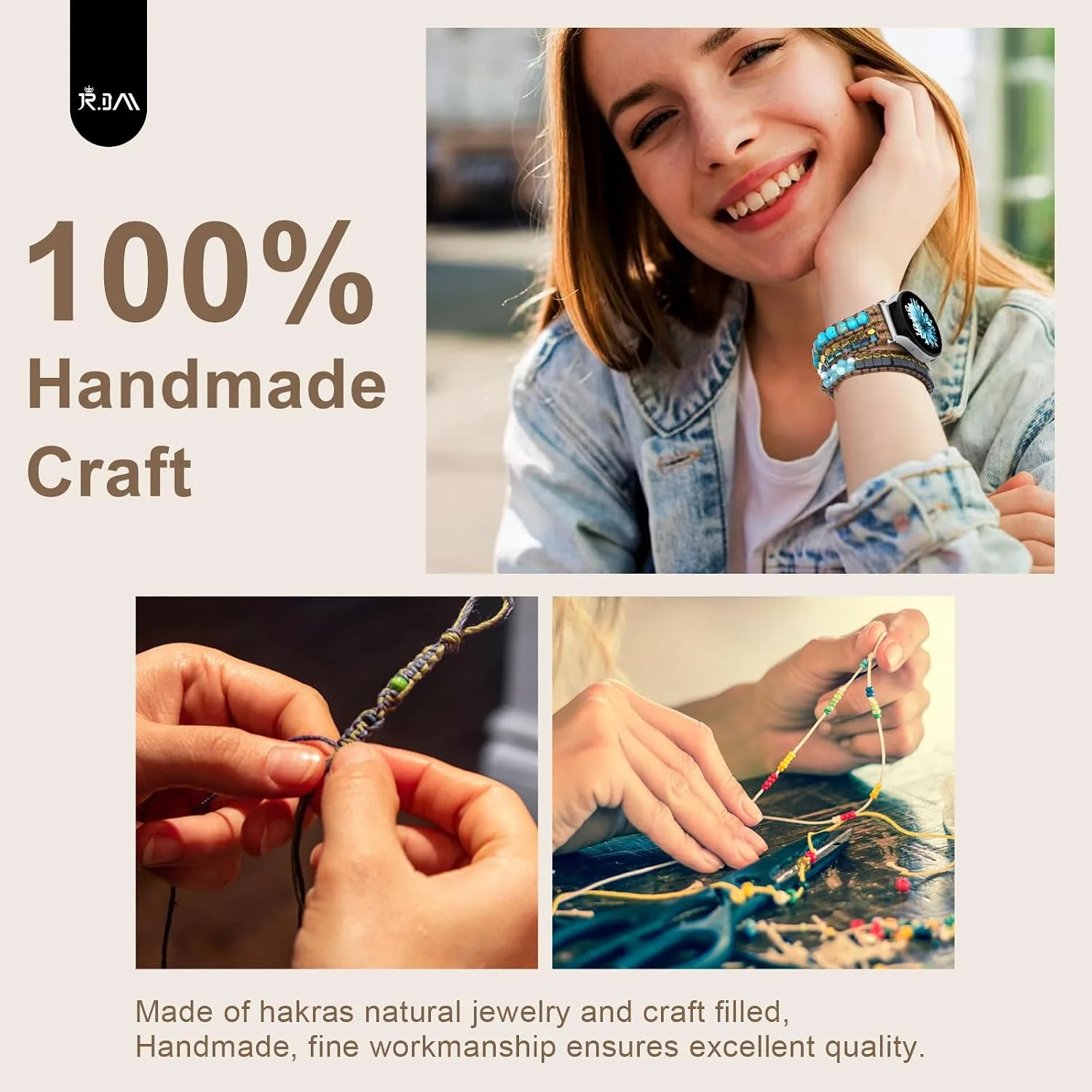 JR.DM Boho Beaded Handmade Braided Bracelet Band Women 20mm Compatible with Samsung Galaxy Watch 7/6/5/4/Active 2/4 Classic/6 Classic/5 Pro/FE 40mm 42mm 43mm 44mm 45mm 46mm 47mm