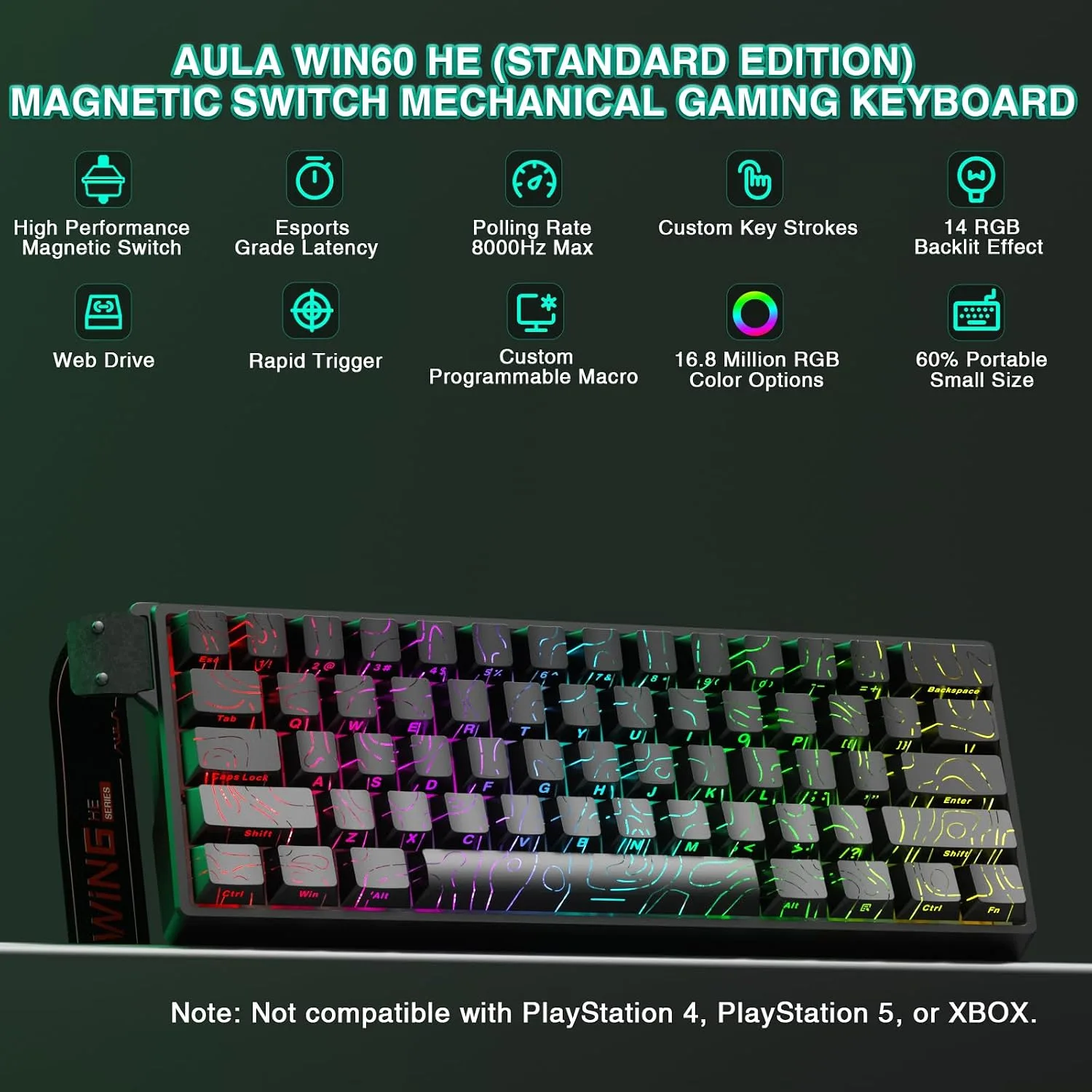 Aula WIN60 HE - 60% Mechanical Gaming Keyboard Wired, Hall Effect Magnetic Switch Hot Swappable, Adjustable Actuation RT Mode, 8000 Hz Polling Rate, RGB Keyboard 60 Percent Compact Design for PC
