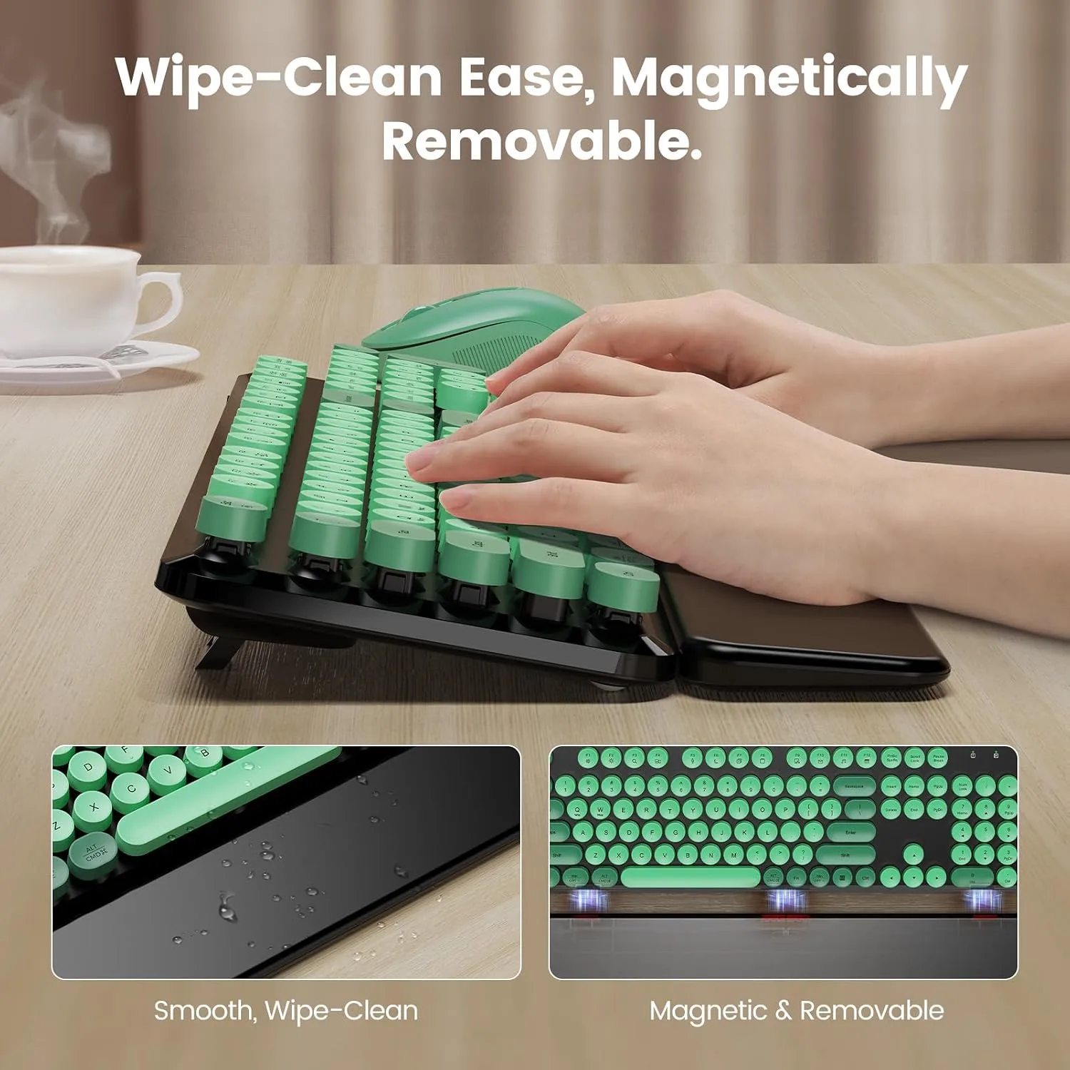 Wireless Keyboard Mouse, Magnetic Wrist Rest, Round Keycaps, Green & Black