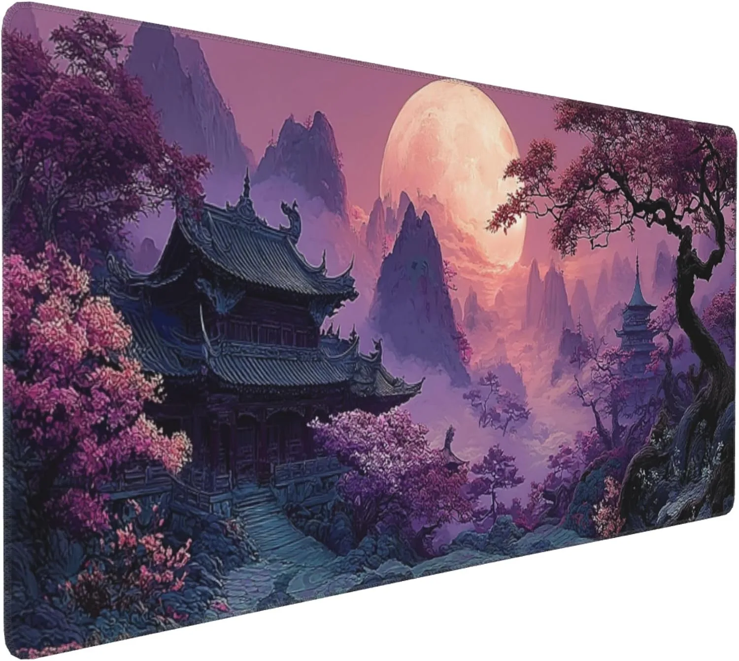 Large Gaming Desk Mat, Fantasy Japanese Temple Design, Purple, 35.4" x 15.7", Non-Slip Rubber Base, Stitched Edges