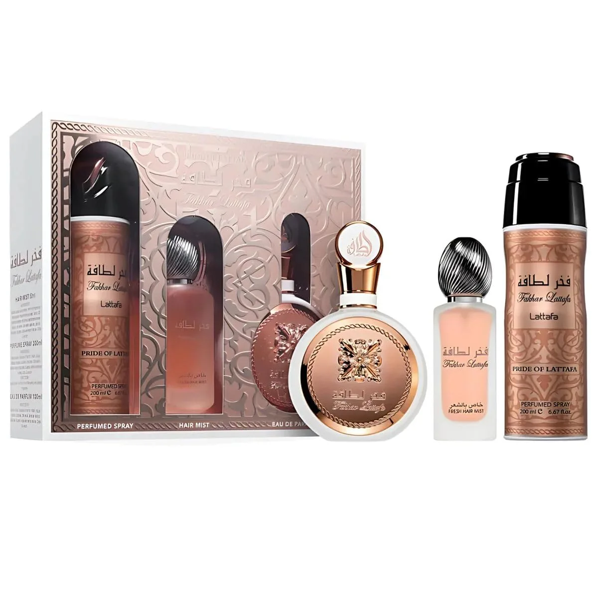 Lattafa Fakhar for Women 3 Piece Set (3.4 Oz Eau de Parfum Spray + 1.7 Oz Hair Mist + 6.7 Oz Deodorant Spray)