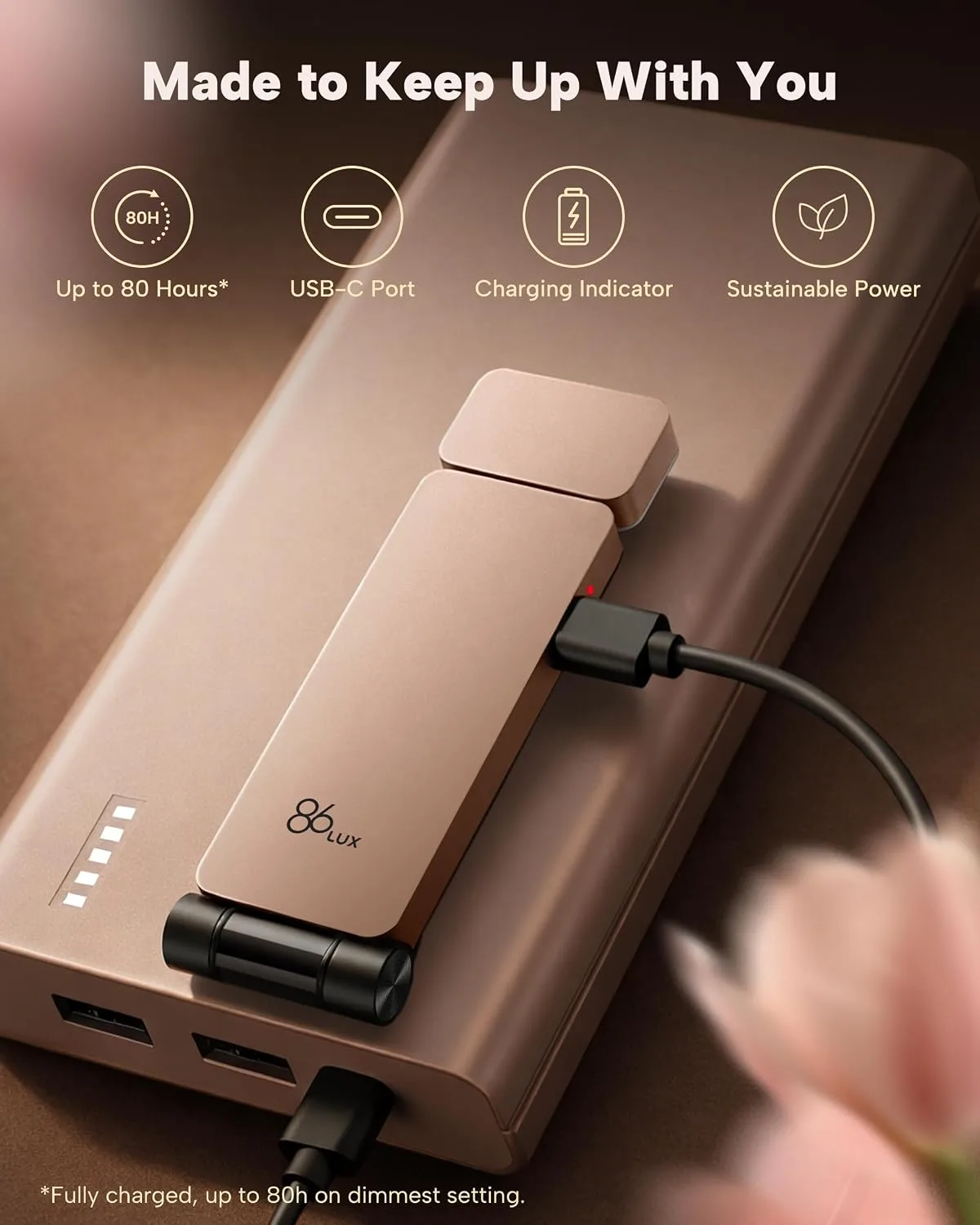 86lux Book Light, Rechargeable Clip-On LED Reading Light for Bed & Night Use - 3 Color Temperatures with Stepless Dimming, Ultralight Bookmark Design for Kids, Book Lovers, Pink Brown