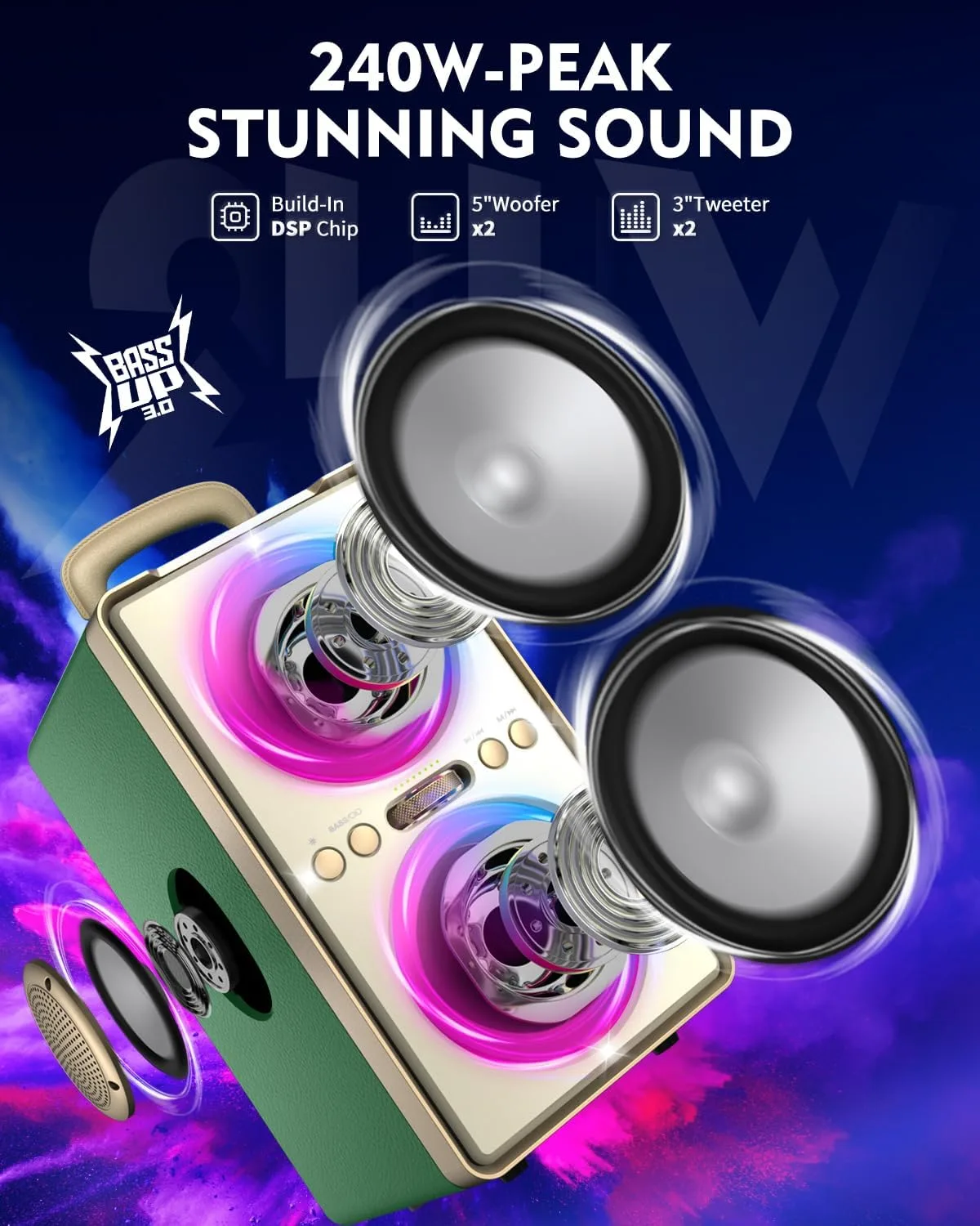 YIER Bluetooth Speaker, 240W Peak Loud Party Speaker with Deep Bass, Green