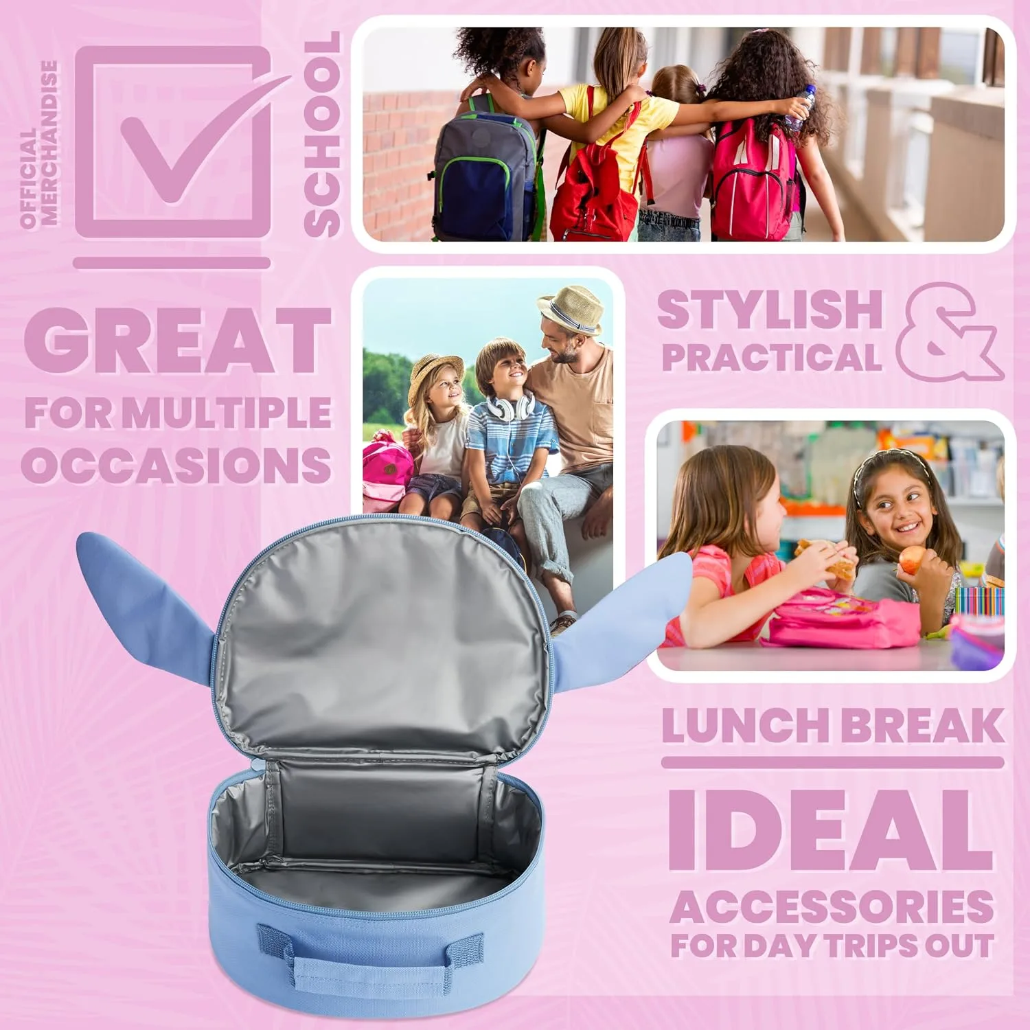 Disney Stitch Lunch Bag for Kids with Insulated Lining Portable Lunch Cooler Bag for School Travel Holidays Trips School Supplies