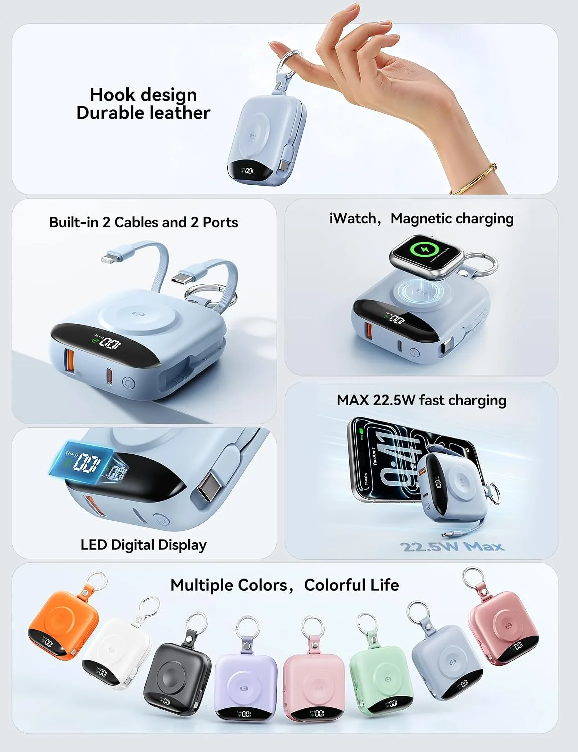 Portable Charger 10000mAh 22.5W Power Bank Built-in 2 Cables Keychain