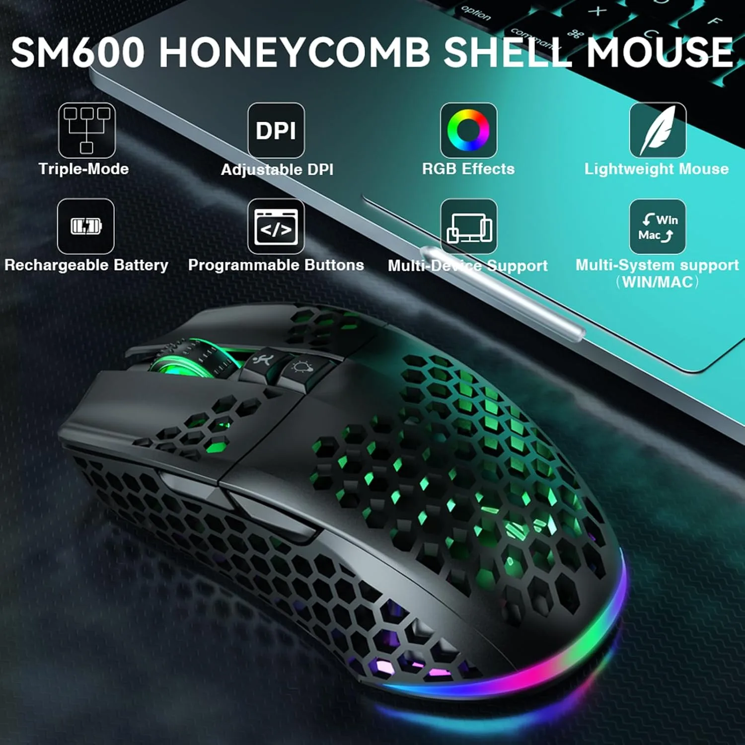 SOLAKAKA SM600 Wireless Gaming Mouse,Tri-Modes BT5.0/Type-C Wired/2.4G Wireless Mouse with 2 Side Buttons, Programmable Macro Gamer Mouse with RGB Light for Laptop/PC/Mac