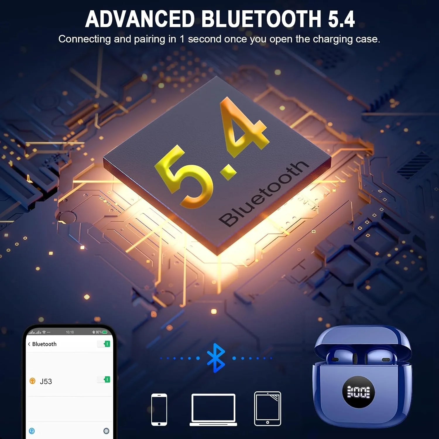Wireless Earbuds, Bluetooth 5.4 Headphones, LED Power Display, Bass Stereo