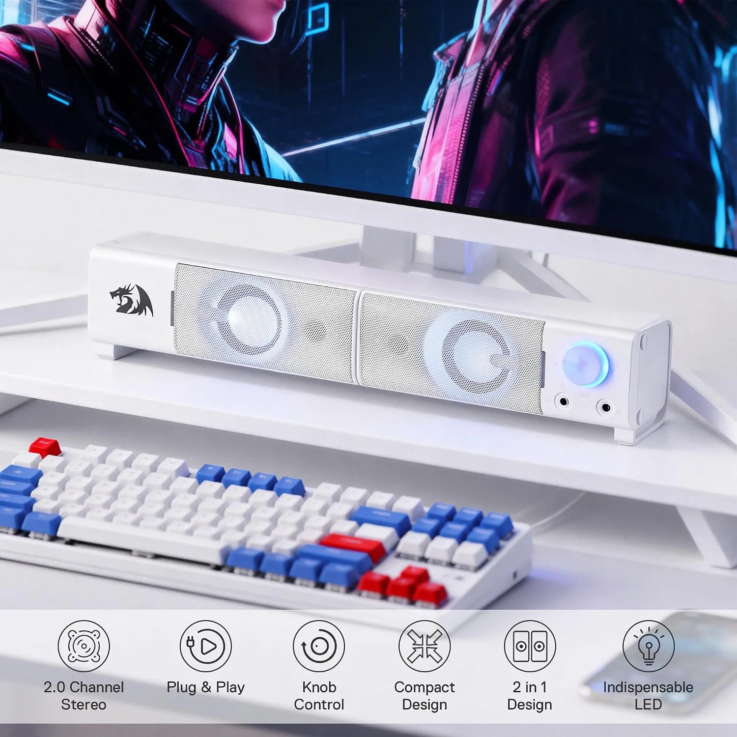 Redragon GS550 PC Gaming Speakers 2.0 Channel Stereo Enhanced Sound, White