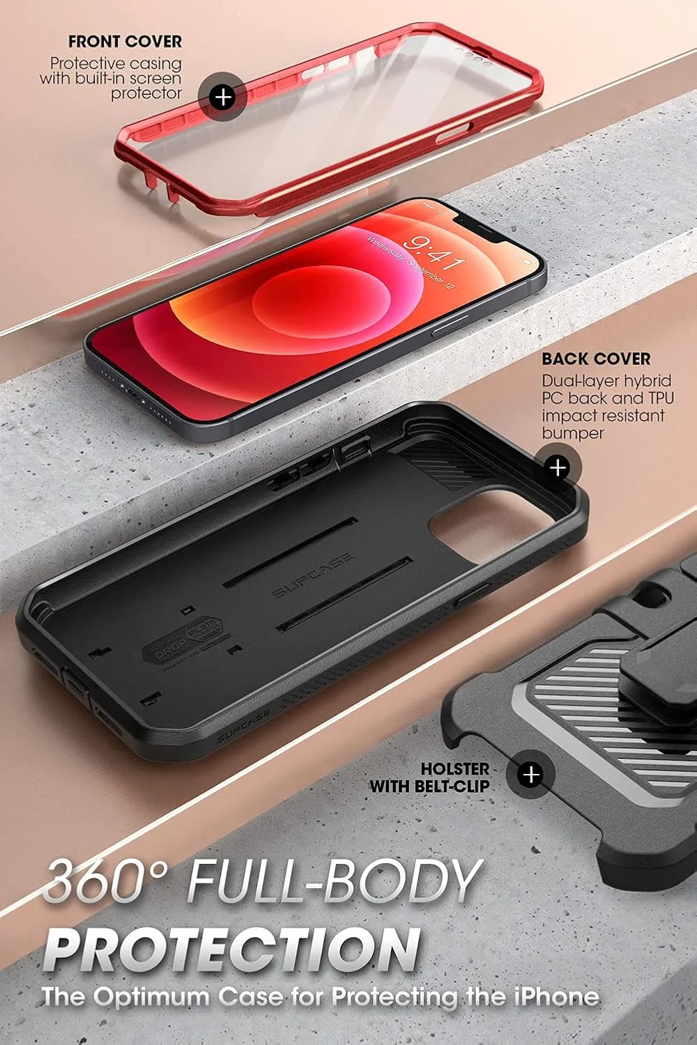 SUPCASE for iPhone 13 Case (6.1 inch) with Screen Protector, Ruddy