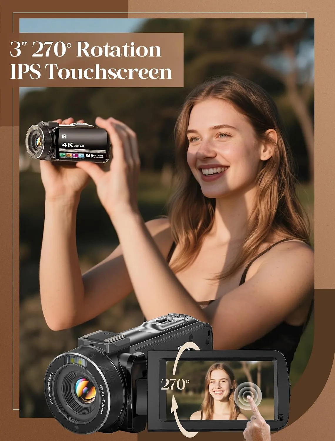 ZYDIIE 4K Video Camera Camcorder UHD 64MP Vlogging Camera for YouTube 18x Digital Zoom 3" 270° Rotation IPS Touchscreen Video Camcorder with Night Vision, Remote Control, 32GB Card, 2 Batteries