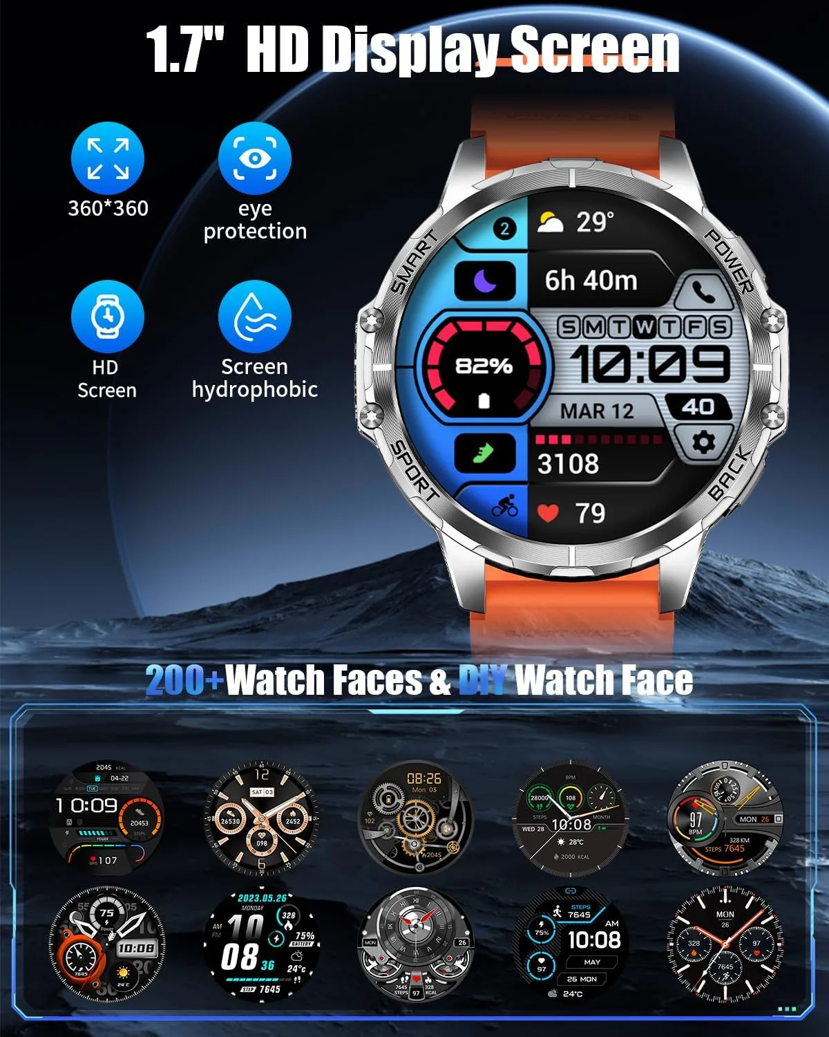 Military Smartwatch for Men, Top-Mounted Flashlight, 1200mAh Battery