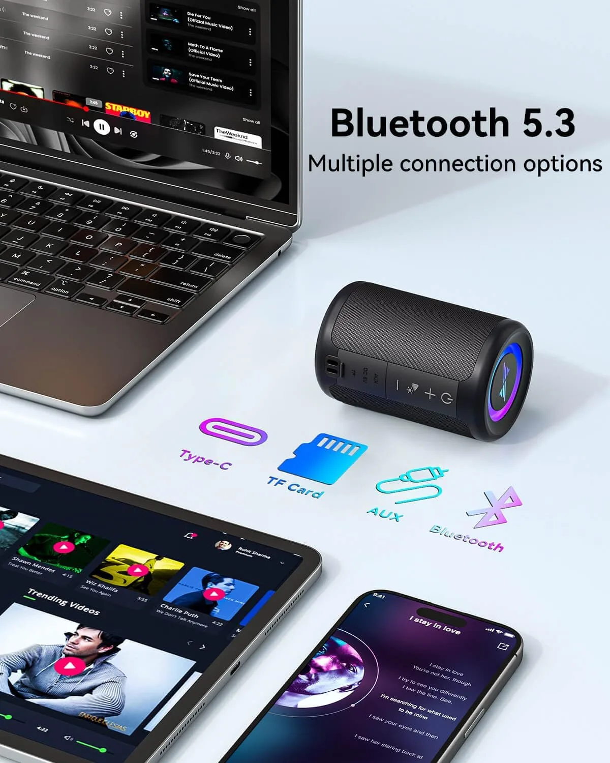 LENRUE Small Portable Bluetooth Speaker with Lights, TWS Stereo Surround Sound, Type C Powered, Bluetooth 5.3, AUX TF Card Input, Wireless for Outdoor Home, Coolest Gifts
