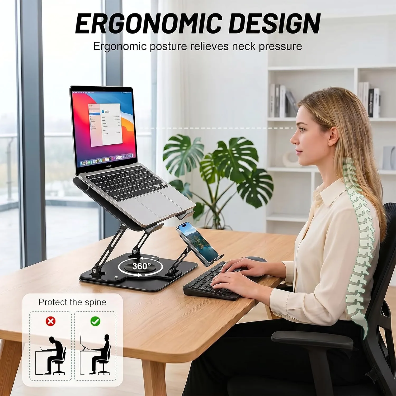 Adjustable 360°Rotating Laptop Stand, 2-in-1 Ergonomic Carbon Steel Laptop Riser with Detachable Phone Holder, Hollow Cooling Notebook Stand Fits 12.9-18 Inch Laptops (Black)