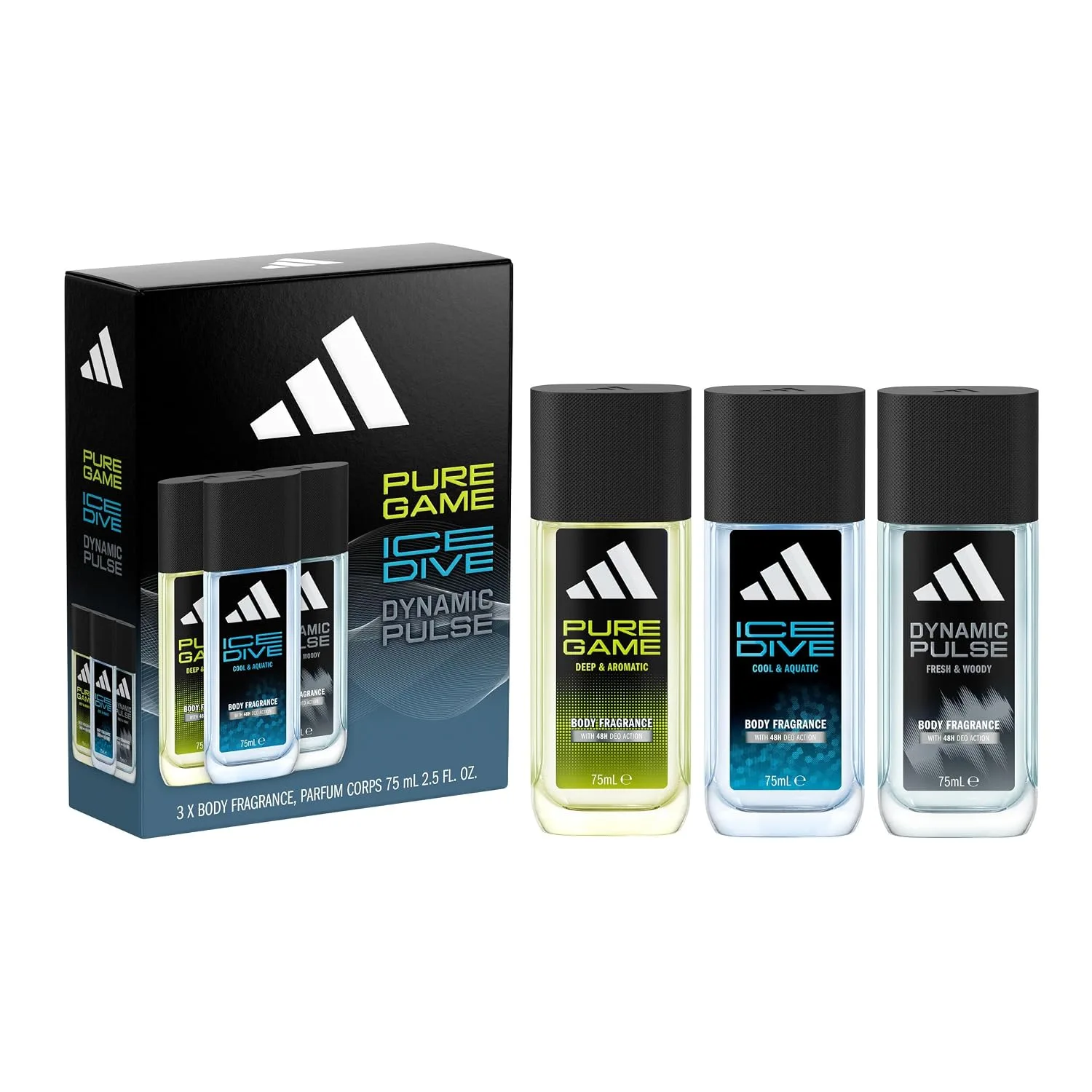 Set de fragancias para hombre Adidas Pure Game, Ice Dive y Dynamic Pulse 75ml