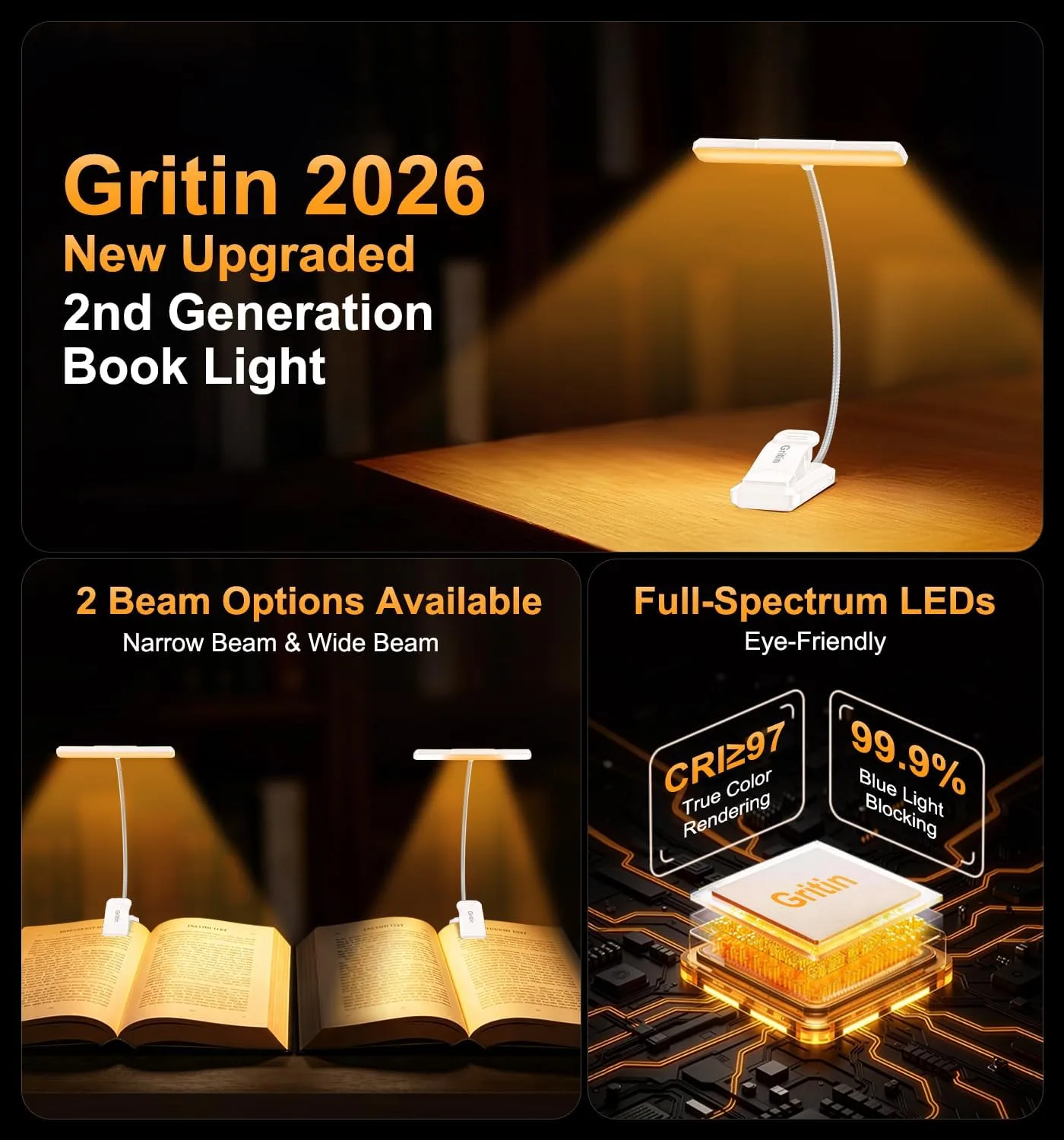 Gritin 2026 Gen 2 Book Light for Reading- 32 Eye Caring Full Spectrum LED