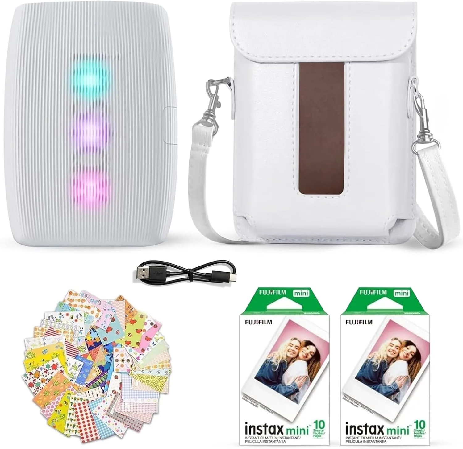 Fujifilm Instax Mini Link 3 Smartphone Printer Clay White + Fuji Film Value Pack (20 Sheets)+ Shutter Accessories Bundle, Incl. Protective Case, 20 Sticker Frames, USB Type C Cable