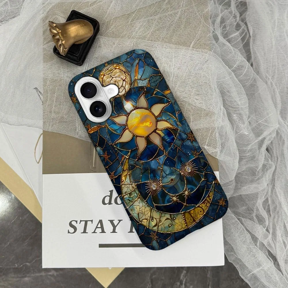 Case Compatible with iPhone 17,Fall Prevention Hybrid 2-Layer Hard Shell Phone Cover for Girls Boys,Sun Moon Celestial Glass