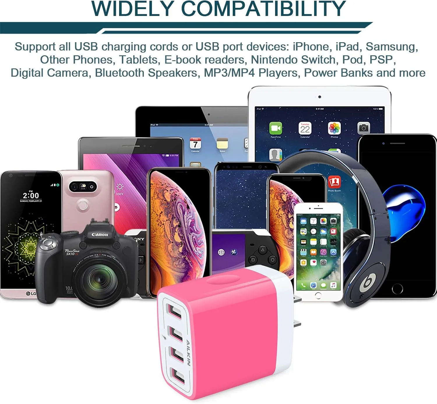 USB Charger Cube, Wall Charger Plug, AILKIN 4.8A 4-Muti Port USB Adapter