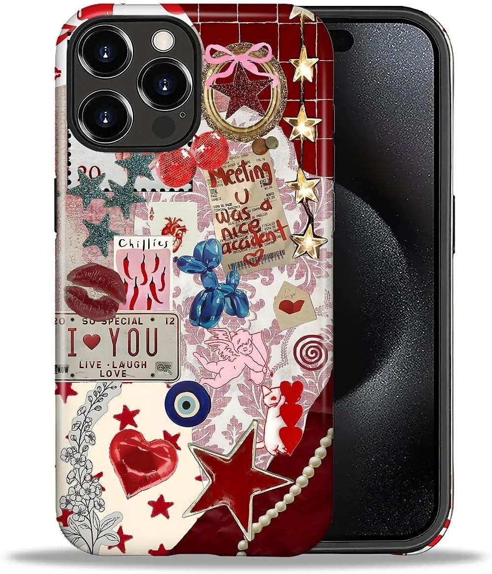 DAIZAG Case for iPhone 16 Pro,Mixed 2 Layer Design Shockproof Soft TPU Ddouble Protection Phone Case for iPhone 16 Pro-Conch Red Pearl Collage