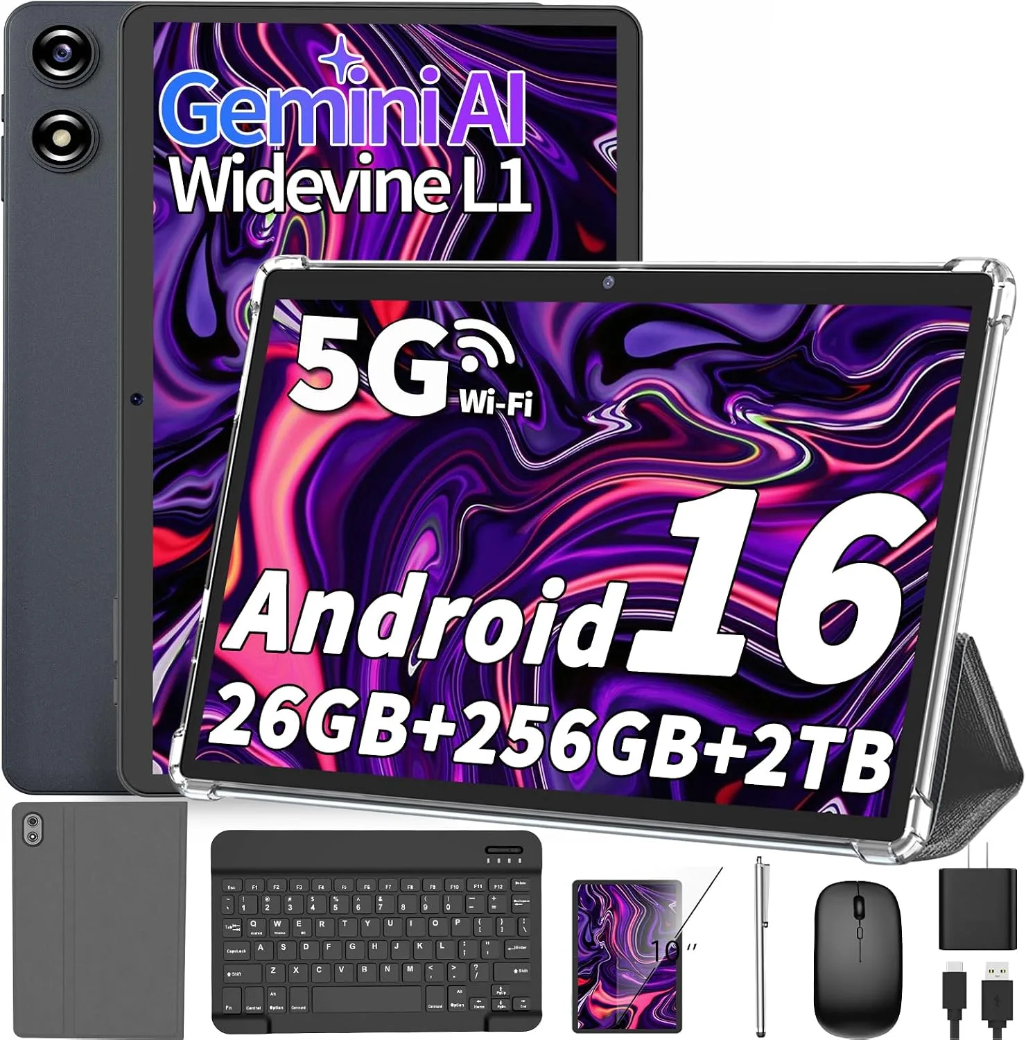 2026 Android 16 Tablet with Keyboard - 10 inch Electronics Tablet (Silver)
