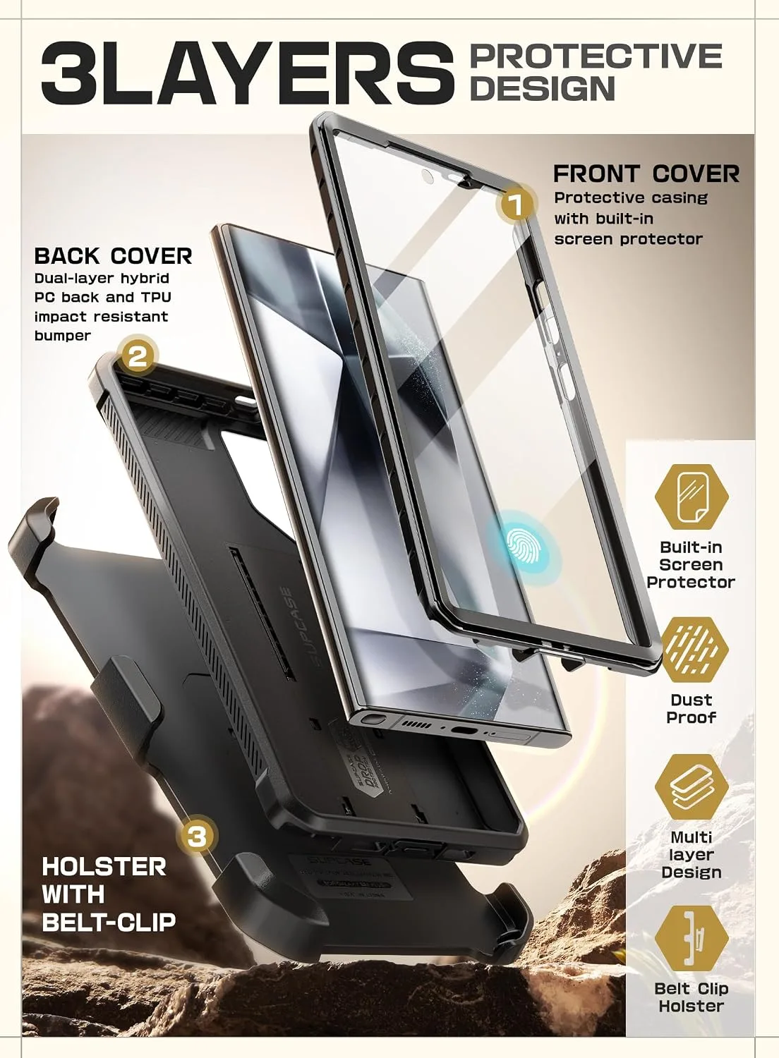SUPCASE for Galaxy S24 Ultra Case with Built-in Screen Protector, Black