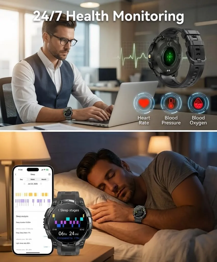 Military Smart Watch for Men, Built-in GPS, Bluetooth Call, 3ATM Waterproof