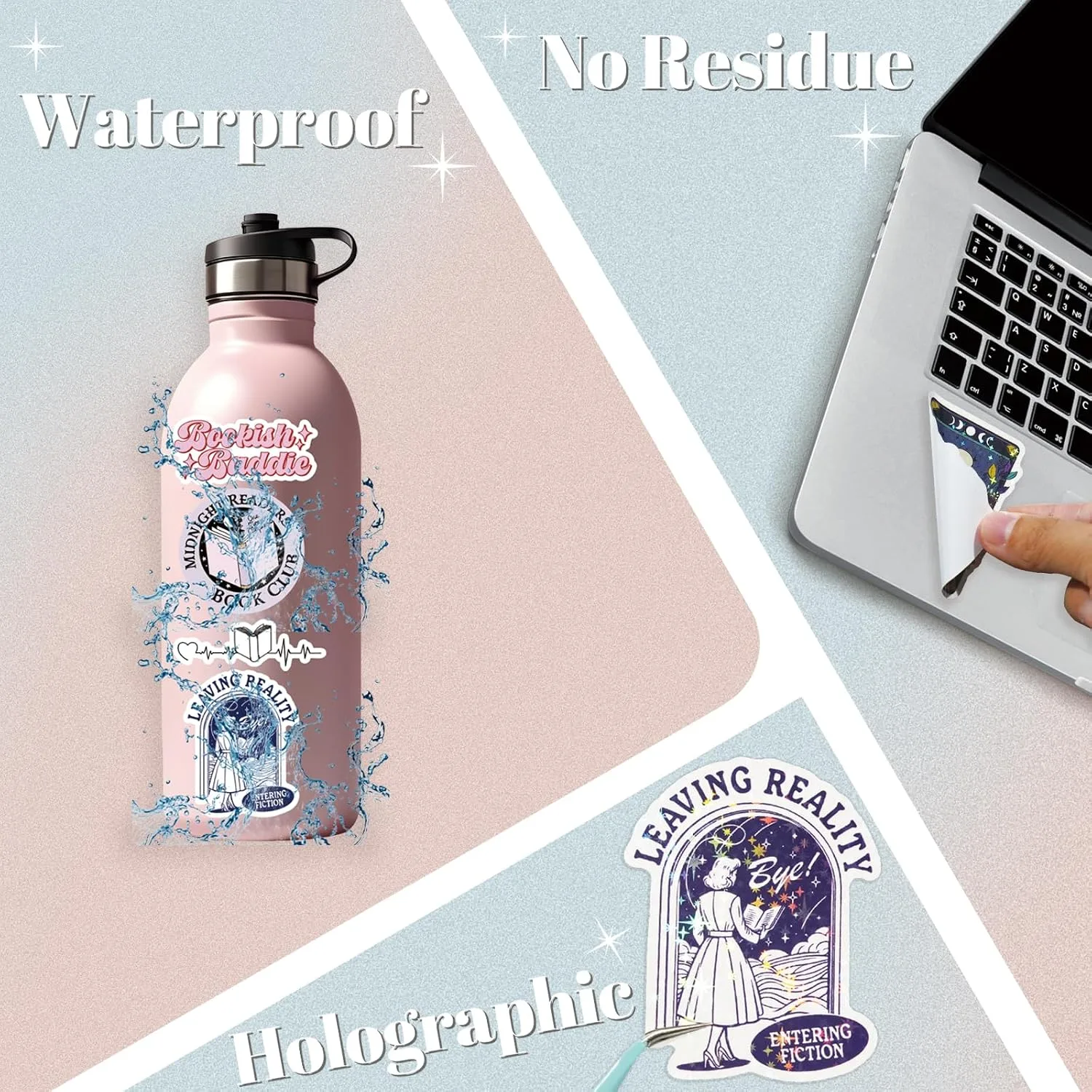 150 PCS Romance Book Stickers for Kindle, Holographic Bookish Sticker Pack Reading Glitter Vinyl Decals for Laptop Ebook Readers Water Bottles Journal Scrapbook Waterproof (Pack of 2)