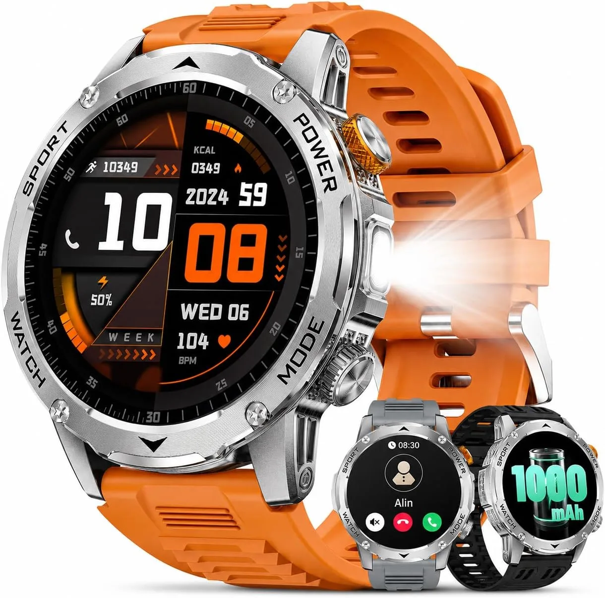 Smart Watch for Men with 1000mAh Battery/Flashlight, 1.75'' Military Smartwatch with 5ATM Waterproof/Heart Rate/Sleep Monitor,Answer Make Calls Fitness Tracker for Android iPhone Orange