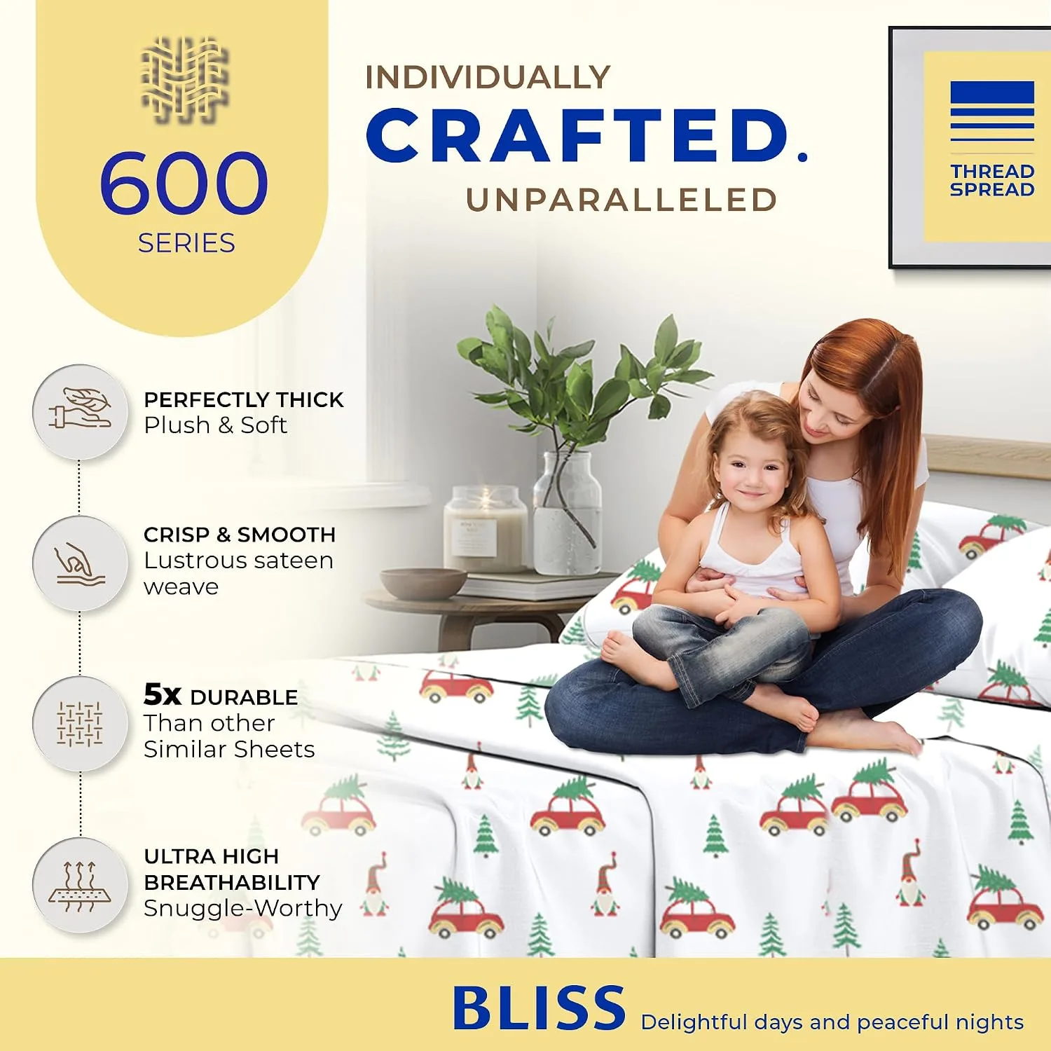 THREAD SPREAD 100% Egyptian Cotton Printed Sheets California King Size - 4 PC 600 Series Cotton Printed Sheets Set for Cal King Bed (Festive Joy), Soft, Luxury Hotel 16" Deep Pocket Bedsheet
