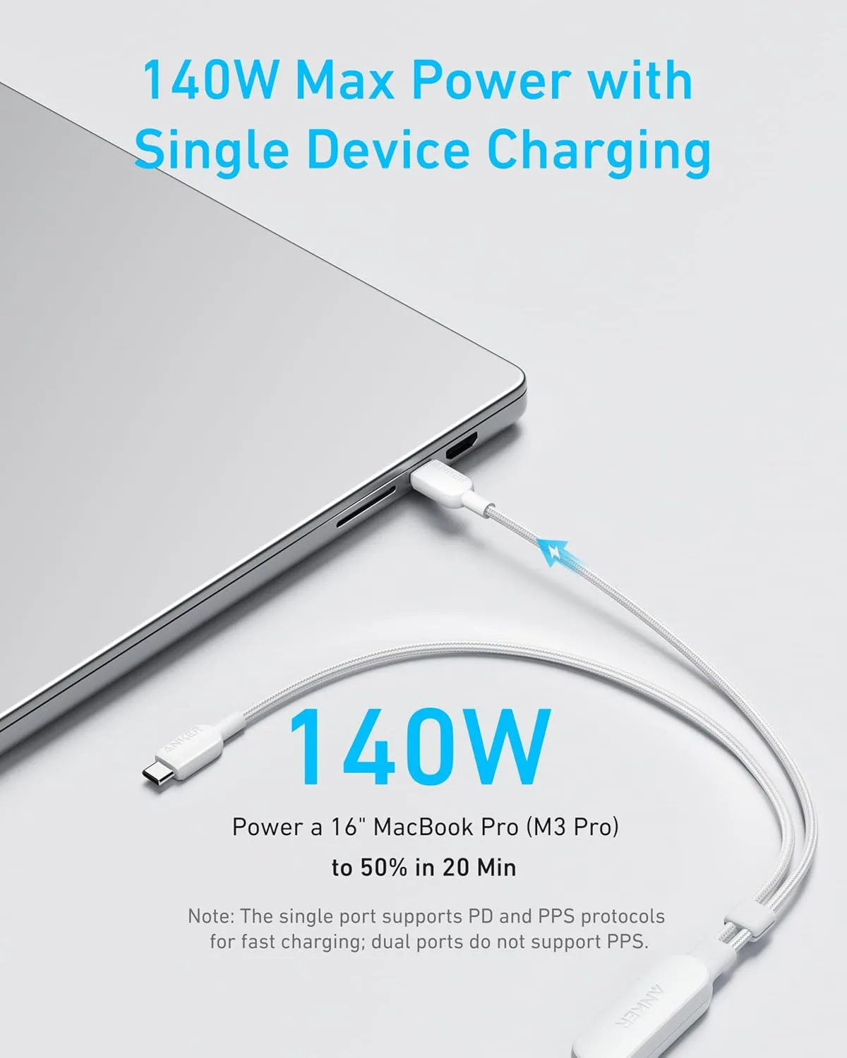Anker 2-in-1 USB C to USB C Cable, 140W Max (1-Pack, 6 ft, White)