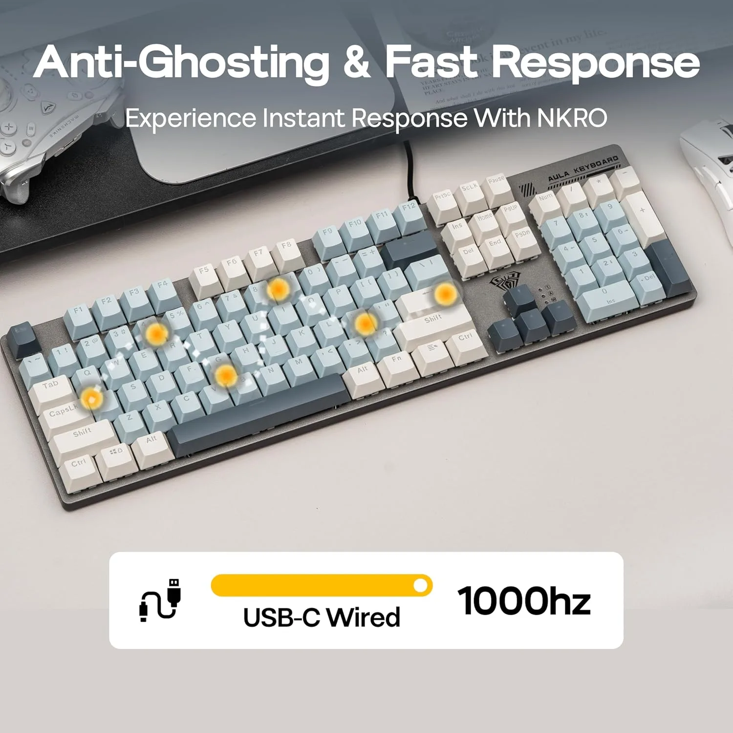 MechLands Aula S500 Wired Gaming Keyboard, 100% Full Size Mechanical Keyboard with Number Pad, 104 Keys, NKRO, RGB Backlits, Shine Through Keycaps, Ergonomic for PC E-Sports (Black&Blue, Blue Switch)