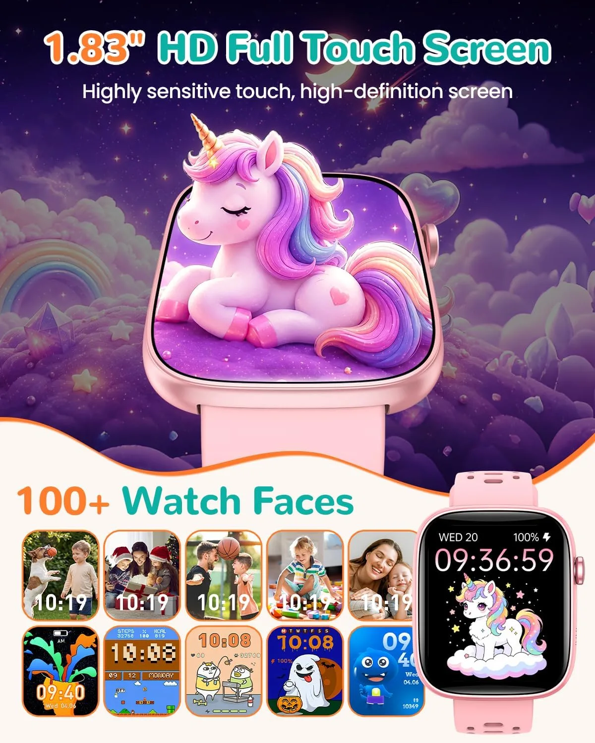 Kids Smart Watch No Phone Needed, 1.83" Smart Watch Fitness Trackers(Pink)