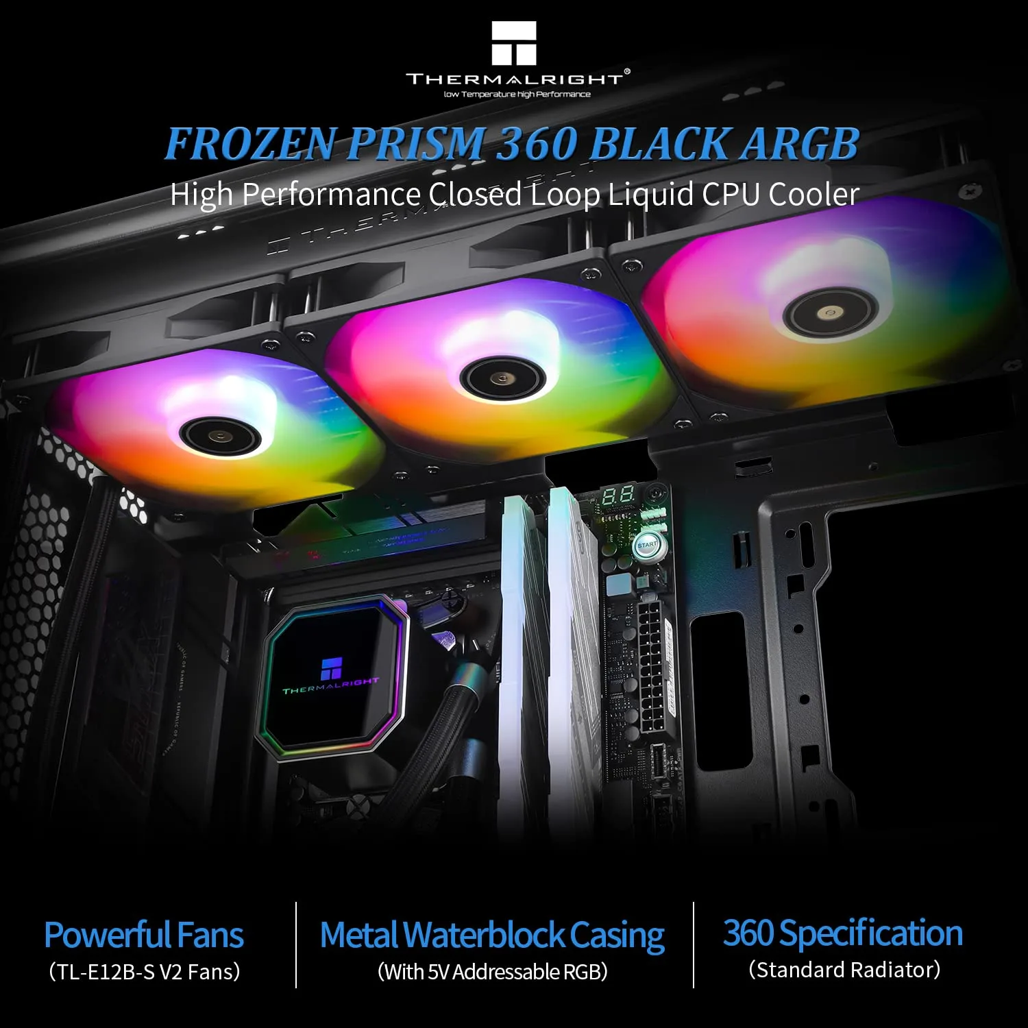 Thermalright Frozen Prism 360 Black ARGB CPU Liquid Cooler,Efficient PWM Controlled Pump 2800RPM,3×TL-E12 Series PWM Fan,Water Cooling Computer Parts,for AM4/AM5,Intel lga1150/1200/1700/1851
