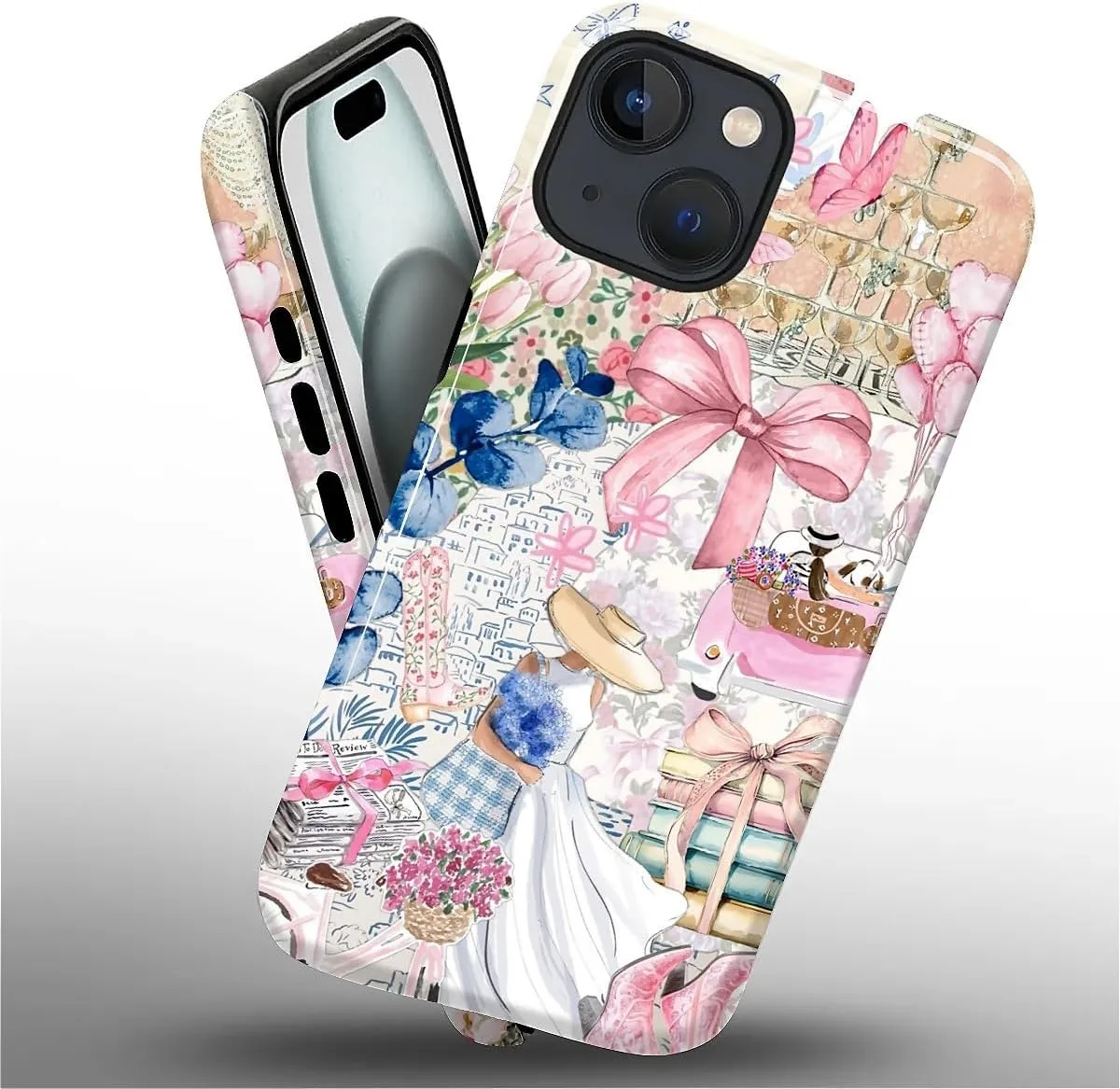 DAIZAG Case for iPhone 15,Mixed 2 Layer Design Shockproof Soft TPU Ddouble Protection Phone Case for iPhone 15-Magazine Books Flower Bow Collage