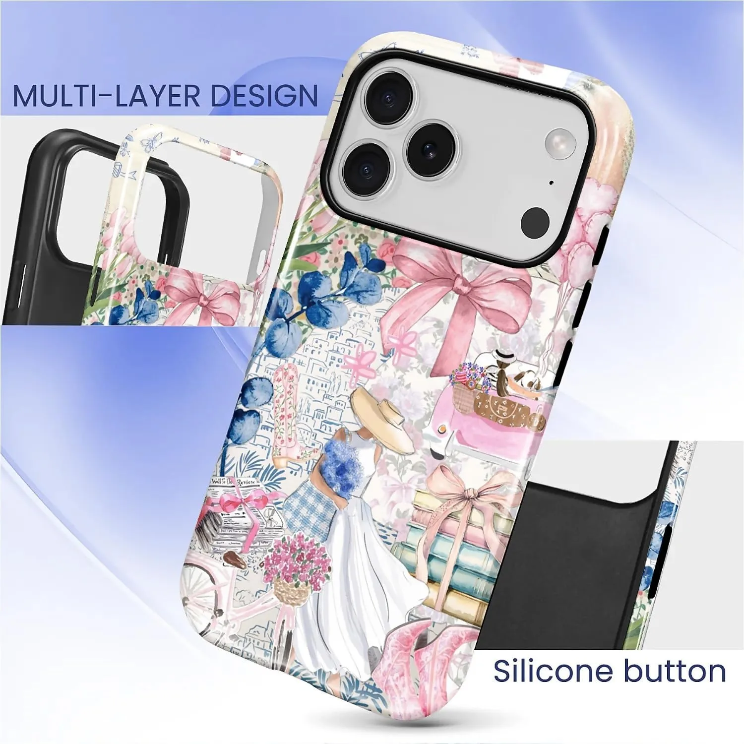DAIZAG Case for iPhone 17 Pro,Mixed 2 Layer Design Shockproof Soft TPU Ddouble Protection Phone Case for iPhone 17 Pro-Magazine Books Flower Bow Collage