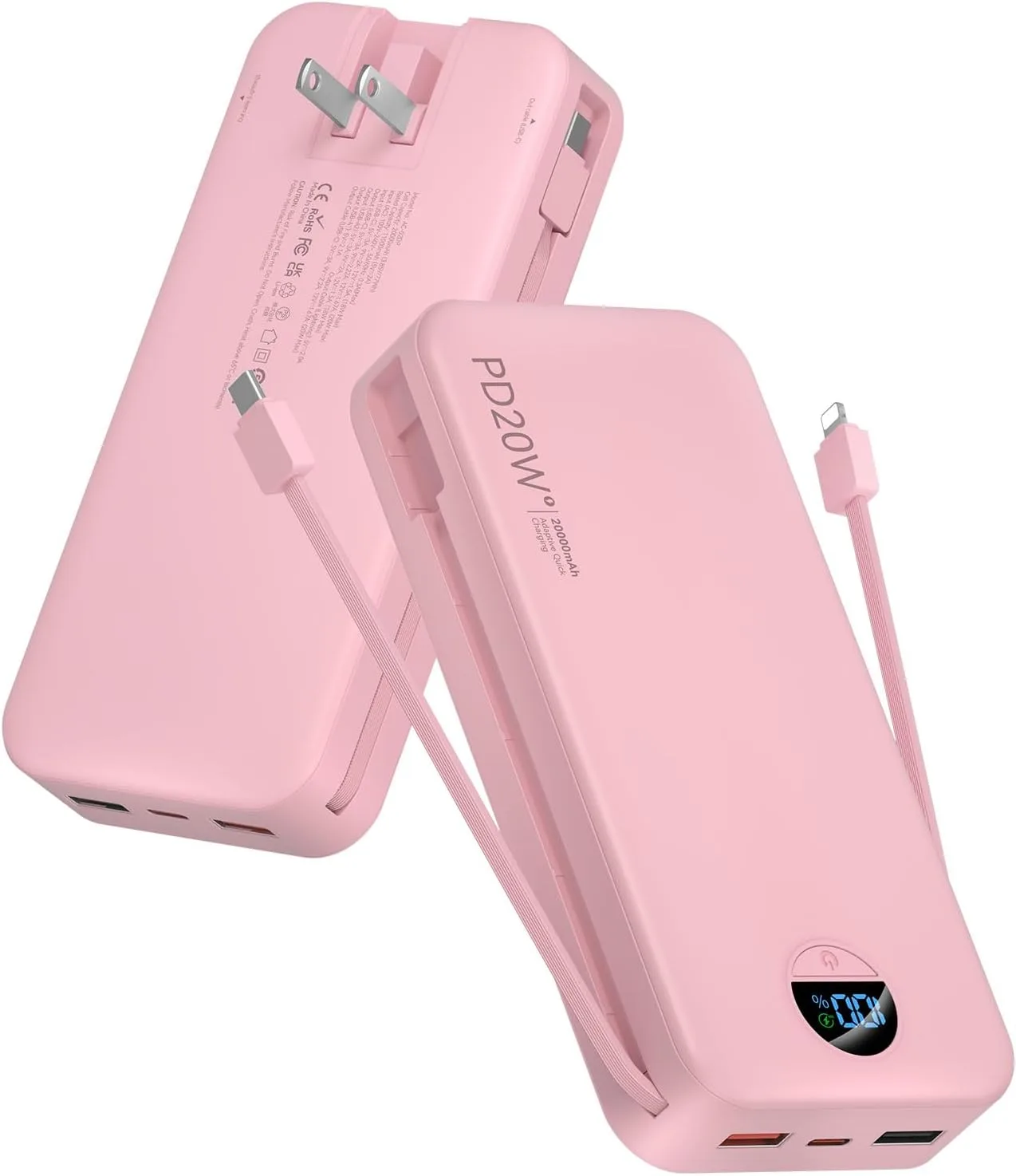 citicr Portable Charger 20000mAh PD20W w/Built-in Cables & Wall Plug Pink