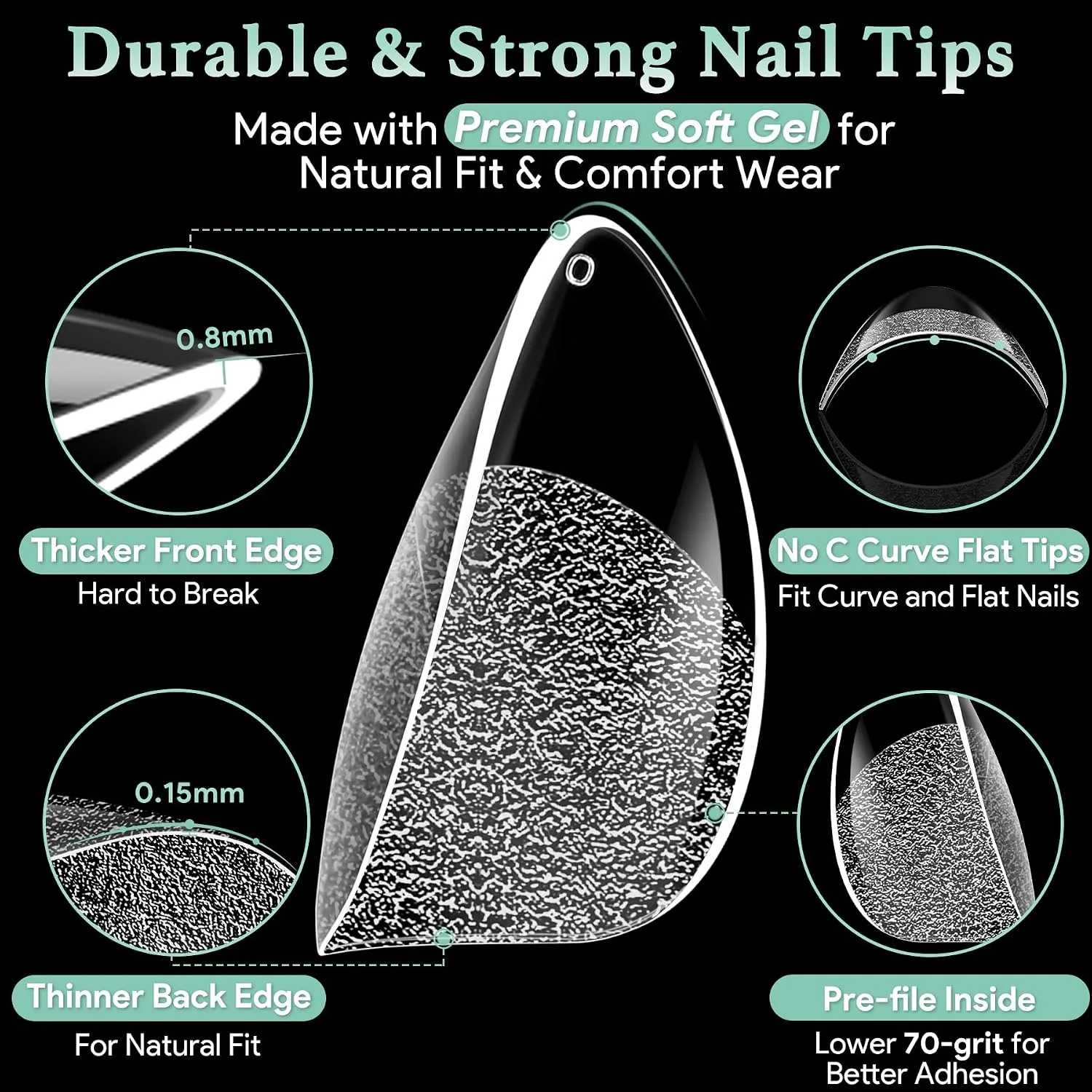 LEYKOSH Short Almond Nail Tips, 240 Pcs Clear Gel Fake Nails, 15 Sizes