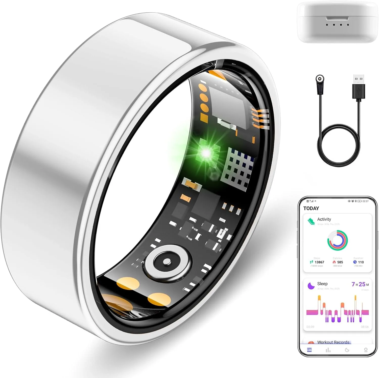 Smart Ring for Women Men, Sleep Activity Health Tracking Ring, Silver 9