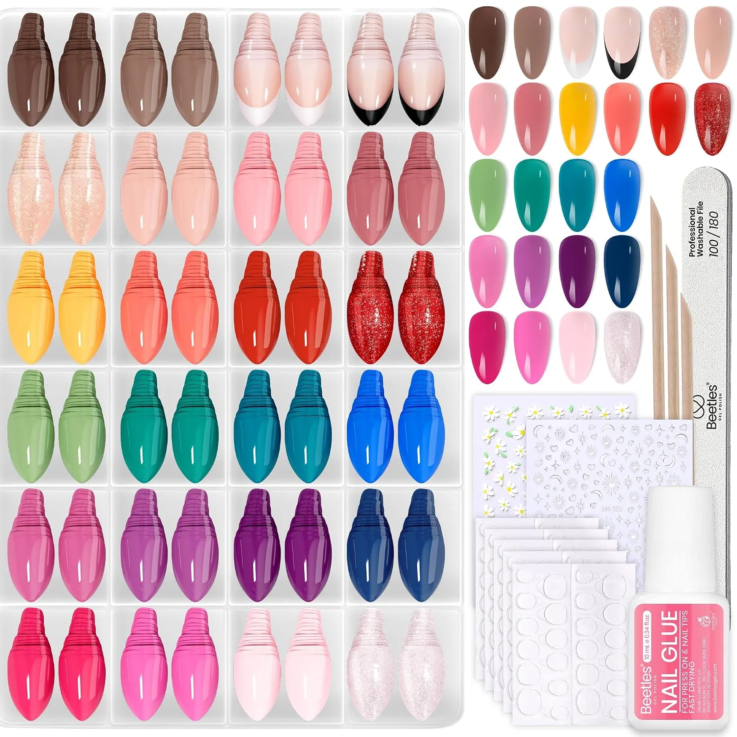 Beetles Press On Nails Kit - Rainbow Gleam, 720 Pcs 24 Colors Short Almond