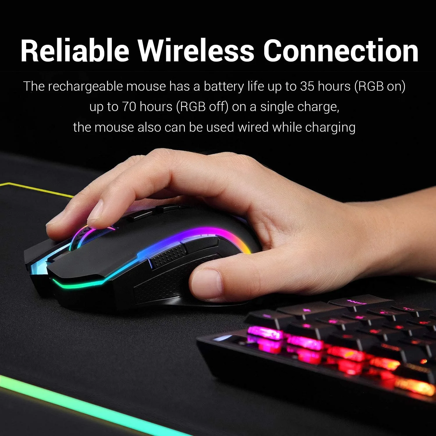 Redragon M602 Griffin RGB Gaming Mouse, Tri-Mode 2.4G/USB-C/Bluetooth Mouse Gaming, RGB Spectrum Backlit Ergonomic Mouse with 7 Programmable Backlight Modes up to 8000 DPI for Win PC Gamers (Wireless)
