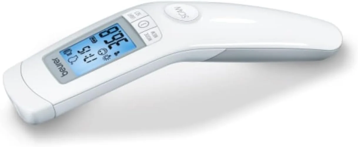 Beurer FT90 3-in-1 Forehead Non-Contact, Body, Surface, Room Temperature, High Accuracy, Large Blue Backlit LCD Display Thermometer, 60 Memory Spaces