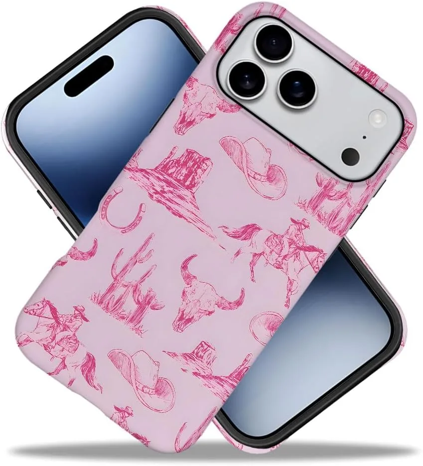 Case Compatible with iPhone 18 Pro Max/iPhone 17 Pro Max,Fall Prevention Hybrid 2-Layer Hard Shell Phone Cover for Girls Boys,Pink Hat Horse Western Cowboy