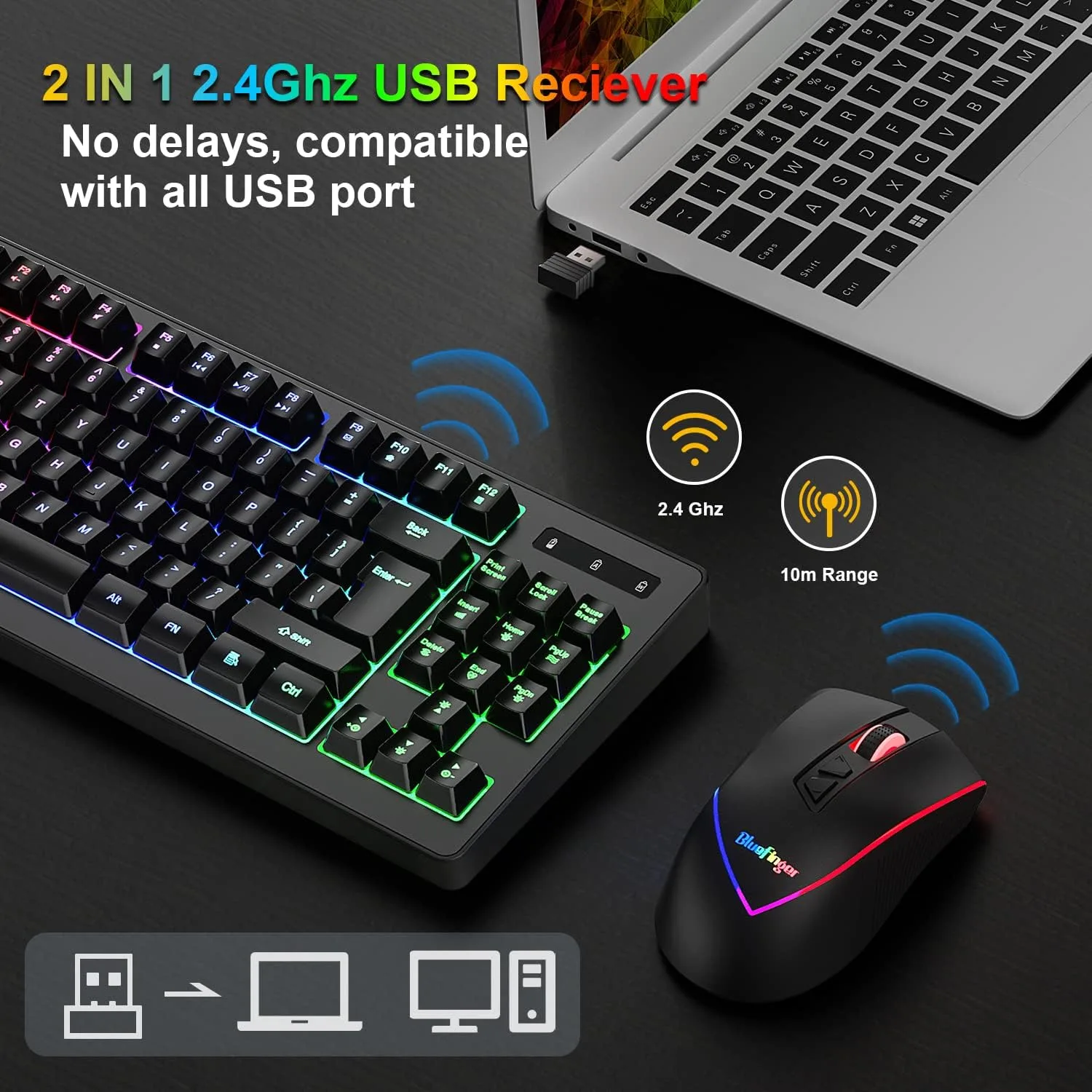 BlueFinger Wireless Keyboard and Mouse Combo, Long Lasting Rechargeable Battery 87 Keys RGB Rainbow Backlit Gaming Keyboard & Ergonomic Light Up Gaming Mouse for Mac Laptop Computer PC Gamer