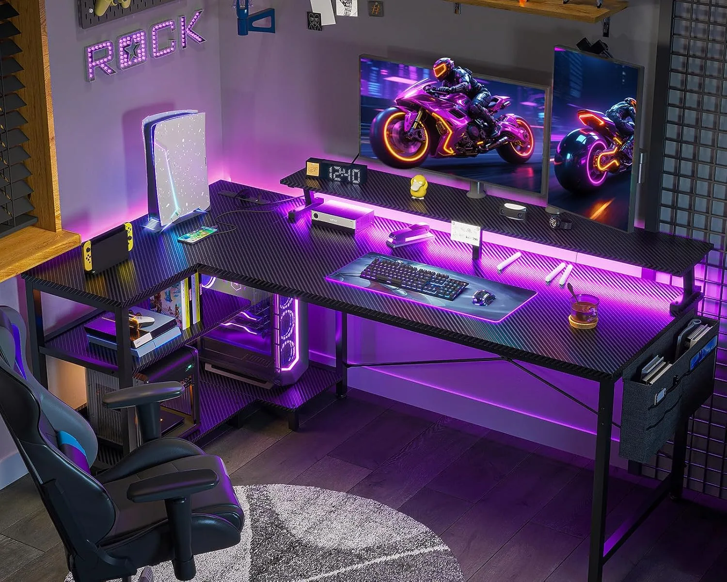 ODK 58 Inch L Shaped Gaming Desk with LED Lights, Power Outlets, Black