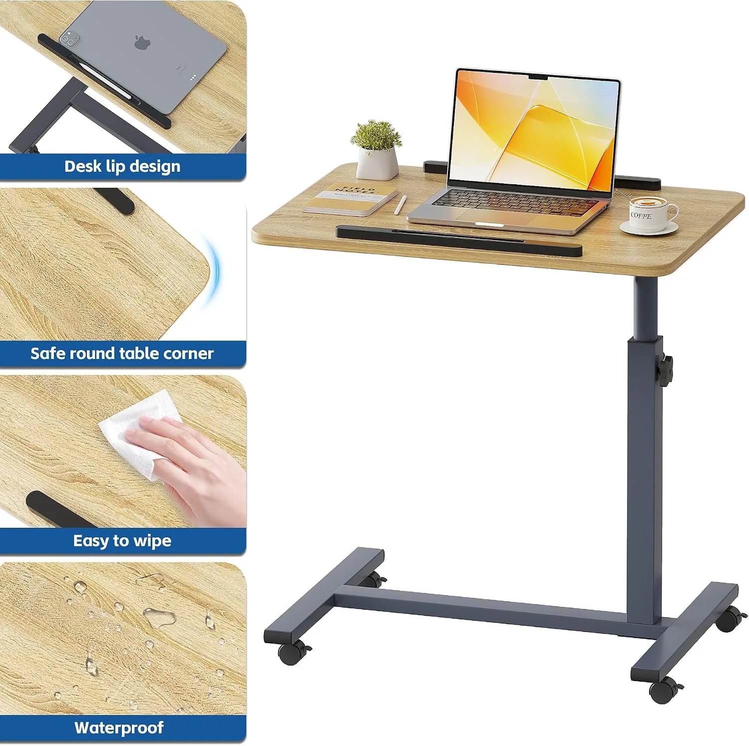 LINGMI Laptop Table Mobile Adjustable Height Portable Desk Notebook Swivel PC Computer Rolling Desk with Wheels, Laptop Stand for Couch Bedside Hospital Bed Table