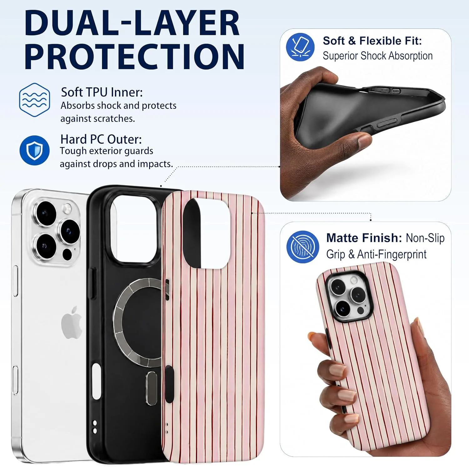 Magnetic for iPhone 16 Pro Phone Case, Cute Pink & White Striped