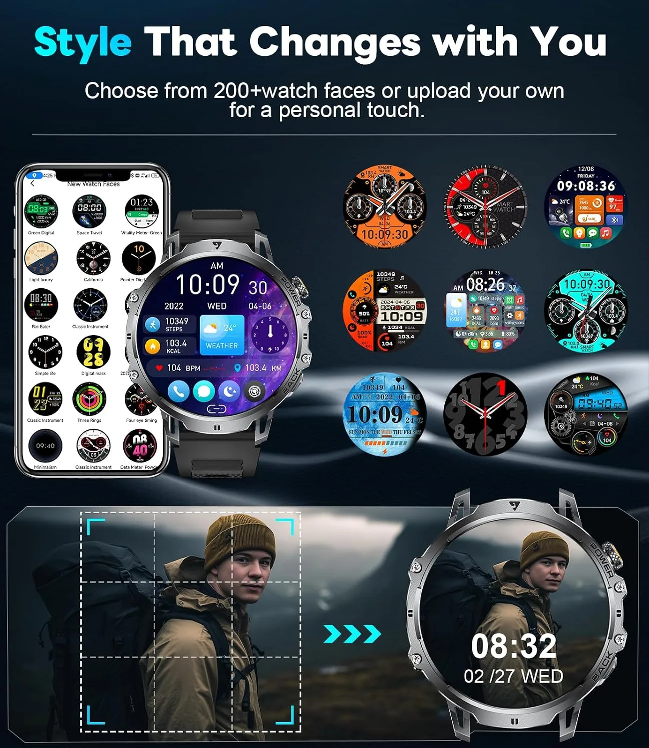 LIGE Military Smart Watches for Men(3 Bands),1400mAh/1.85" HD Large Screen Smartwatch, Flashlight/110+ Sports Modes/IP68 Waterproof/Sleep Monitor, Fitness Tracker Watch for Android iOS,Jet Black