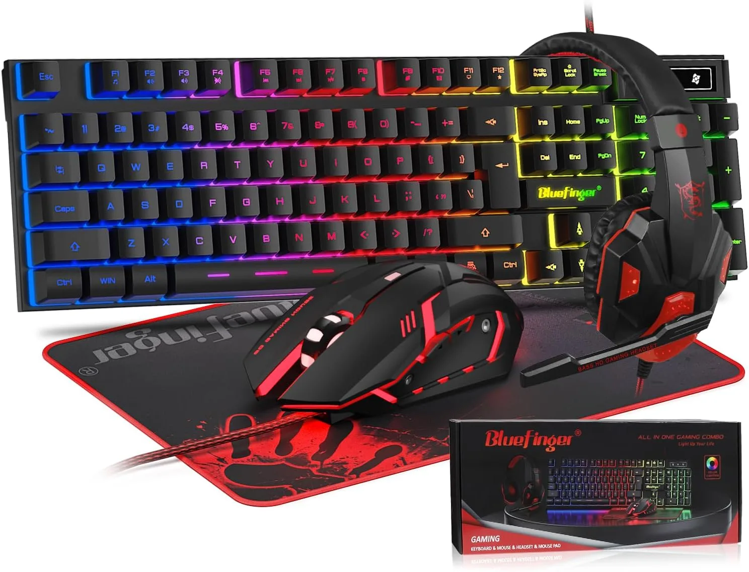 Combo Gamer BlueFinger Teclado RGB, Mouse LED y Audífonos con Micrófono